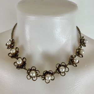 Flower Pearl Choker Necklace Brass Tone